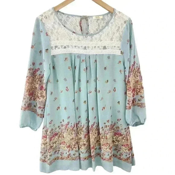 Kori Round Neck Lace Floral Long Sleeve Chiffon Tunic Dress M - Picture 1 of 13